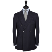 NAVY CHALKSTRIPE DOUBLE BREASTED TWO PIECE NEAPOLITAN SUIT – 260 GR/MT – 100% LORO PIANA WOOL FABRIC