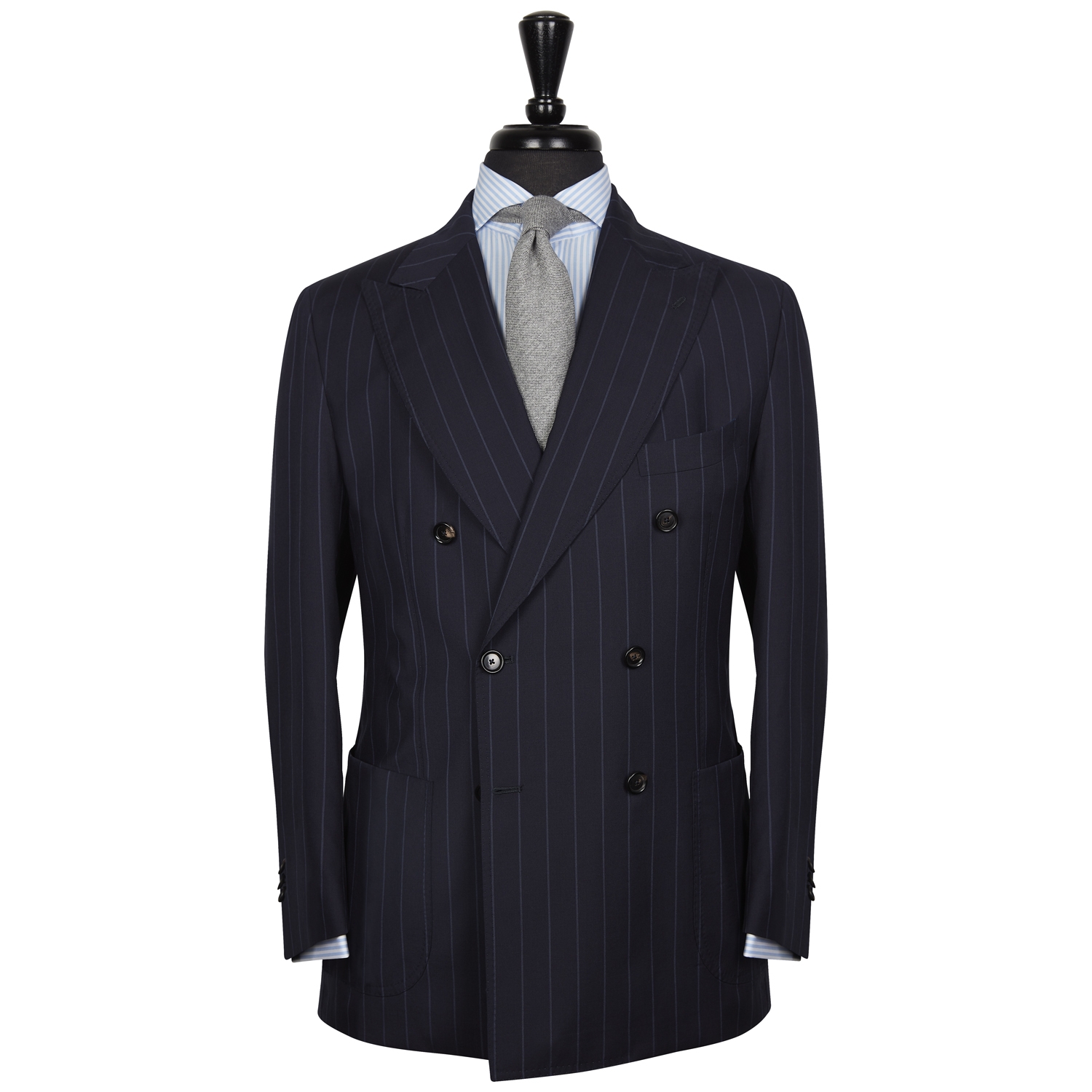 NAVY CHALKSTRIPE DOUBLE BREASTED TWO PIECE NEAPOLITAN SUIT – 260 GR/MT – 100% LORO PIANA WOOL FABRIC